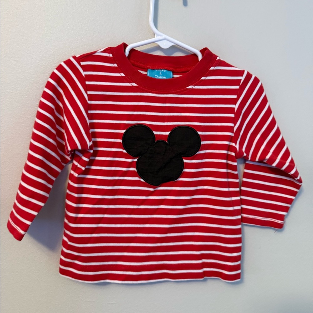 Claire & Charlie Red Striped Kids Shirt with Black Mickey Mouse